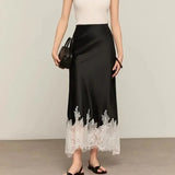 Women’s Satin Midi Skirt with Lace Hem – Elegant Contrast Detail Slip Skirt