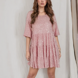 Women’s Sequin Babydoll Mini Dress – Sparkly A-Line Party Dress with Half Sleeves