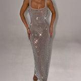 Women’s Sequin Evening Gown – Sleeveless Backless Floor-Length Dress