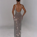 Women’s Sequin Evening Gown – Sleeveless Backless Floor-Length Dress