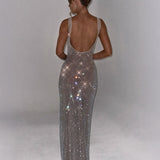 Women’s Sequin Evening Gown – Sleeveless Backless Floor-Length Dress