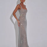 Women’s Sequin Evening Gown – Sleeveless Backless Floor-Length Dress