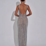 Women’s Sequin Evening Gown – Sleeveless Backless Floor-Length Dress