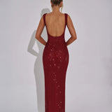 Women’s Sequin Evening Gown – Sleeveless Backless Floor-Length Dress