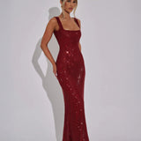 Women’s Sequin Evening Gown – Sleeveless Backless Floor-Length Dress