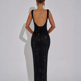 Women’s Sequin Evening Gown – Sleeveless Backless Floor-Length Dress