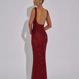 Women’s Sequin Evening Gown – Sleeveless Backless Floor-Length Dress