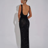 Women’s Sequin Evening Gown – Sleeveless Backless Floor-Length Dress