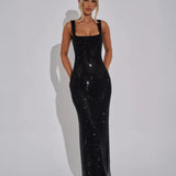 Women’s Sequin Evening Gown – Sleeveless Backless Floor-Length Dress