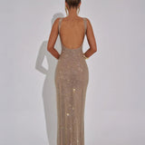 Women’s Sequin Evening Gown – Sleeveless Backless Floor-Length Dress