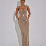 Women’s Sequin Evening Gown – Sleeveless Backless Floor-Length Dress