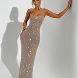 Women’s Sequin Evening Gown – Sleeveless Backless Floor-Length Dress