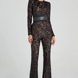 Women’s Sequin Lace Jumpsuit – Long Sleeve Sheer Floral Embellished Jumpsuit with Waist Belt