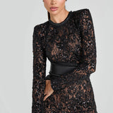 Women’s Sequin Lace Jumpsuit – Long Sleeve Sheer Floral Embellished Jumpsuit with Waist Belt