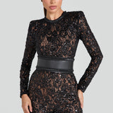 Women’s Sequin Lace Jumpsuit – Long Sleeve Sheer Floral Embellished Jumpsuit with Waist Belt