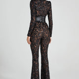 Women’s Sequin Lace Jumpsuit – Long Sleeve Sheer Floral Embellished Jumpsuit with Waist Belt
