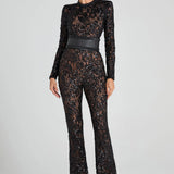 Women’s Sequin Lace Jumpsuit – Long Sleeve Sheer Floral Embellished Jumpsuit with Waist Belt