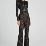 Women’s Sequin Lace Jumpsuit – Long Sleeve Sheer Floral Embellished Jumpsuit with Waist Belt