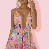 Women’s Sequin Mini Dress – Plunge V-Neck Backless Party Dress