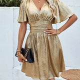 Women’s Shimmer Gold Short Dress – V-Neck Flutter Sleeve