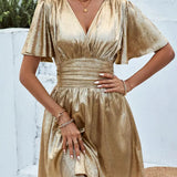 Women’s Shimmer Gold Short Dress – V-Neck Flutter Sleeve