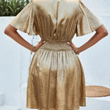 Women’s Shimmer Gold Short Dress – V-Neck Flutter Sleeve