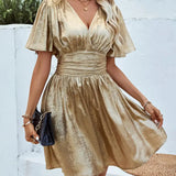 Women’s Shimmer Gold Short Dress – V-Neck Flutter Sleeve