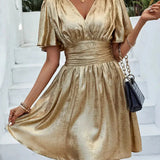 Women’s Shimmer Gold Short Dress – V-Neck Flutter Sleeve