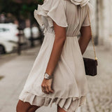 Women’s Short Ruffle Dress – V-Neck Pleated Layered Mini Dress