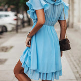 Women’s Short Ruffle Dress – V-Neck Pleated Layered Mini Dress