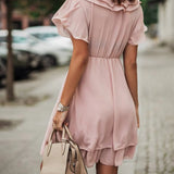 Women’s Short Ruffle Dress – V-Neck Pleated Layered Mini Dress