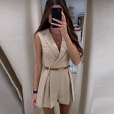 Women’s Sleeveless Blazer Romper – Elegant Tailored Belted Jumpsuit