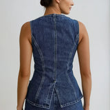Women’s Sleeveless Denim Peplum Top and Shorts Set – Button Front Detail