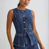 Women’s Sleeveless Denim Peplum Top and Shorts Set – Button Front Detail