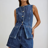 Women’s Sleeveless Denim Peplum Top and Shorts Set – Button Front Detail