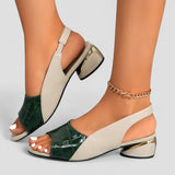 Women’s Slingback Block Heel Sandals – Two-Tone Faux Croc Open Toe