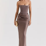 Women’s Strapless Corset Maxi Dress – Elegant Draped Evening Gown