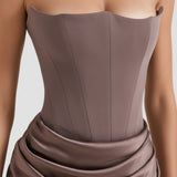 Women’s Strapless Corset Maxi Dress – Elegant Draped Evening Gown