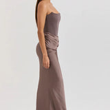 Women’s Strapless Corset Maxi Dress – Elegant Draped Evening Gown
