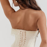 Women’s Strapless Corset Midi Dress – Pearl Beaded Bustier Evening Gown