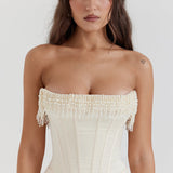 Women’s Strapless Corset Midi Dress – Pearl Beaded Bustier Evening Gown