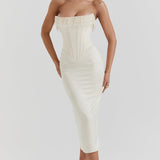 Women’s Strapless Corset Midi Dress – Pearl Beaded Bustier Evening Gown