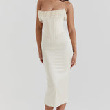 Women’s Strapless Corset Midi Dress – Pearl Beaded Bustier Evening Gown