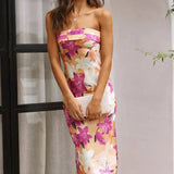 Women’s Strapless Floral Satin Midi Dress – Elegant Backless Summer Occasion Dress
