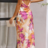 Women’s Strapless Floral Satin Midi Dress – Elegant Backless Summer Occasion Dress