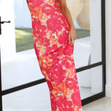 Women’s Strapless Floral Satin Midi Dress – Elegant Backless Summer Occasion Dress