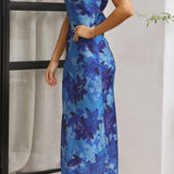 Women’s Strapless Floral Satin Midi Dress – Elegant Backless Summer Occasion Dress