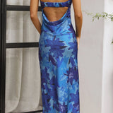 Women’s Strapless Floral Satin Midi Dress – Elegant Backless Summer Occasion Dress