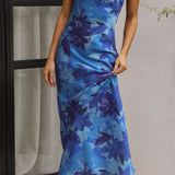 Women’s Strapless Floral Satin Midi Dress – Elegant Backless Summer Occasion Dress