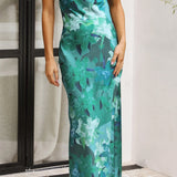 Women’s Strapless Floral Satin Midi Dress – Elegant Backless Summer Occasion Dress